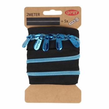 Preview: Endlosreißverschluss 2m Blau-Metallic inkl. 5 Schieber 